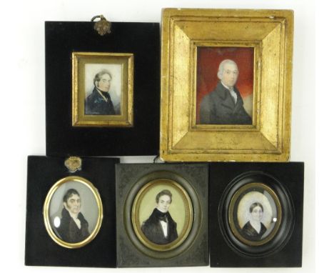 19th century gilt framed miniature watercolour portrait of a gentleman, 
height 6.75" overall, and 4 other miniature portrait