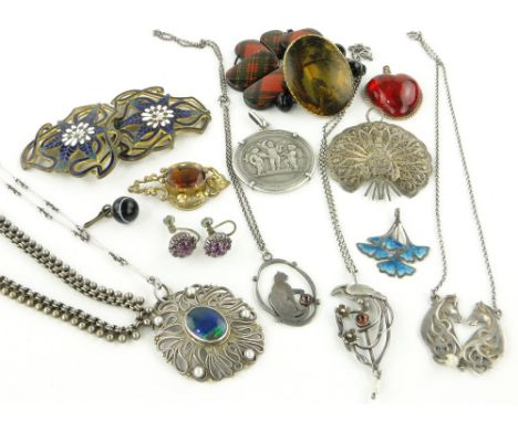 Various silver pendants and chains, enamel buckle, Tartanware bracelet and other jewellery.