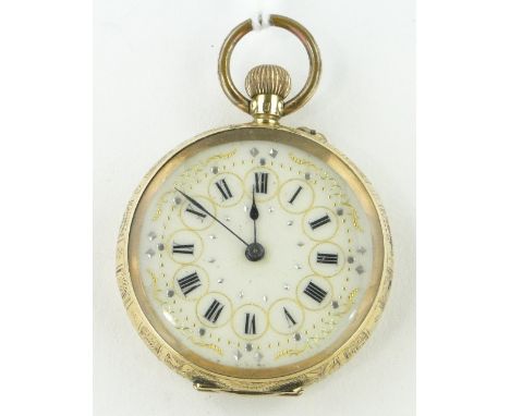 A Swiss 14ct gold cased fob watch,
with ornate gilded enamel dial, case width 35mm.