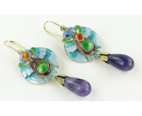 Pair of ornate silver gilt and coloured enamel pendant earrings,
with polished amethyst pendants below, marked 935, length 35