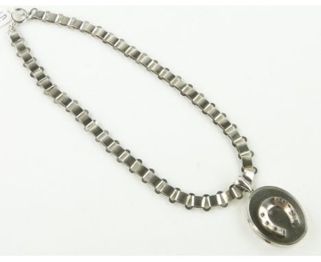 Unmarked silver locket and collar with horseshoe motif.