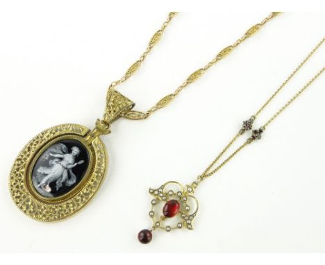 An ornate 19th century gilt metal pendant,
with inset painted enamel panel, pendant height 65mm on unmarked gold chain, toget