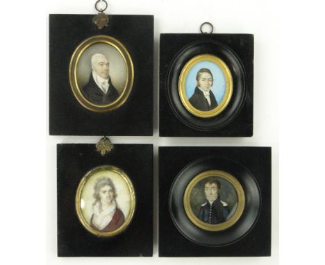 19th century oval watercolour portrait miniature of a lady, 
height 5.1" overall, and 3 portrait miniatures of 19th century g