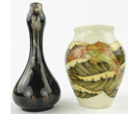 A Linthorpe pottery vase
and a Dennis China vase with design of fish, 5.1".