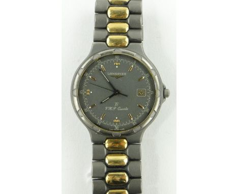 A gent's Longines Conquest titanium/gold plate quartz wristwatch,
case width 34mm.