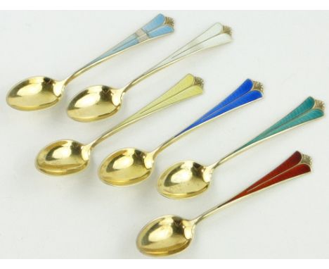 Set of 6 Norwegian silver gilt and coloured enamel coffee spoons,
by David Anderson.