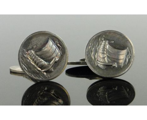 Pair of Georg Jensen sterling silver Viking long boat design cufflinks, 20mm across.