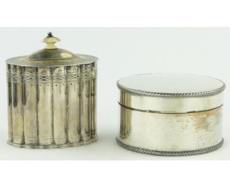 A Victorian electroplate tea caddy,
with ivory knop, height 12.5cm together with a circular Sheffield plate box, 12.5cm acros