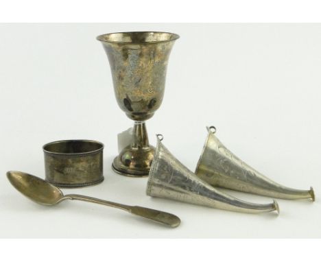 A group of Russian silver items,
comprising pair of engraved baby's feeding cups, goblet, napkin ring and spoon, (5).