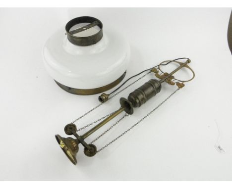 Handmade brass ceiling light with pulley operation,
with white glass shade, diameter 15.5".