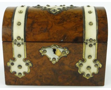 Victorian burr walnut tea caddy
with fitted interior, length 9".
