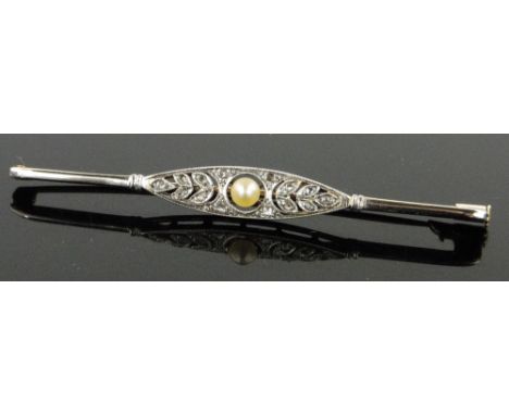 Art Deco 18ct gold and platinum bar brooch,
with central pearl, length 60mm.