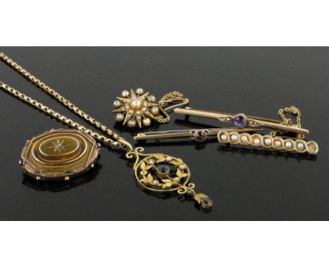 Box of various gold jewellery,
including amethyst and pearl open work pendant and chain, etc.