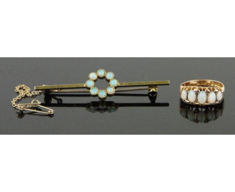 18ct gold 5 stone opal ring and 15ct gold opal bar brooch, (2).