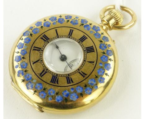 An unmarked gold and blue floral enamel cased half hunter fob watch circa 1900,
by John Hall & Co., of Manchester, case width