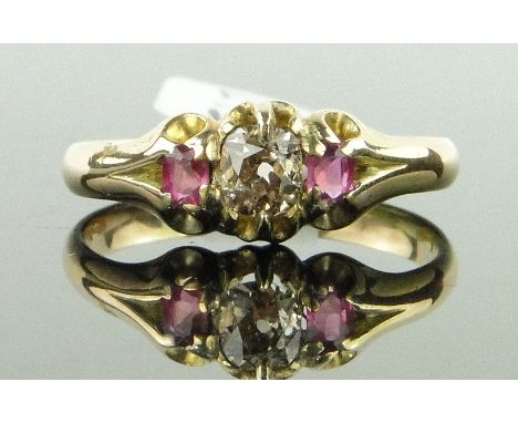 Edwardian 15ct gold 3 stone ruby and diamond ring, size M.