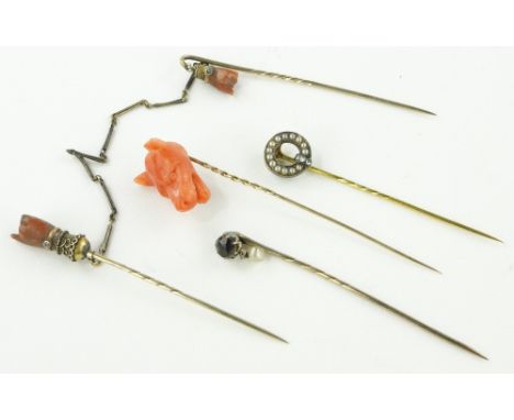 5 Victorian gold gemstone and coral stick pins.