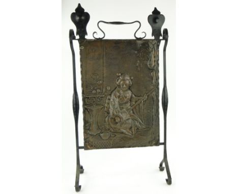 A wrought-iron firescreen
with copper panel depicting a Japanese lady, 32".
