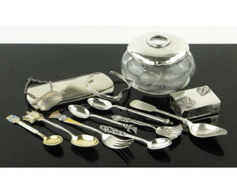 Various silver items,
including decanter label, silver and enamel flatware, match case, etc.