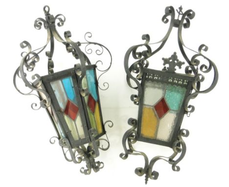 2 wrought-iron lanterns
with coloured lead light panels, height 24.5".