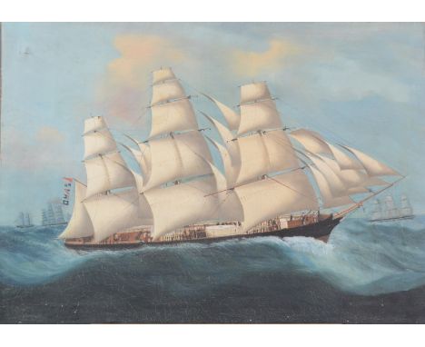 China Trade Ship Portrait The merchant ship in full sail in open sea with other shipping. Unusually, the deck details and cre