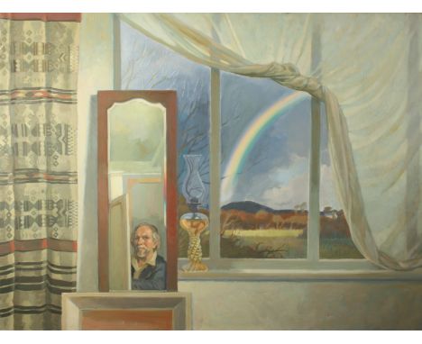 Ken SYMONDS (1927-2010)Self Portrait with RainbowOil on canvas Signed, inscribed and dated 1983 to the back 92 x 122cm