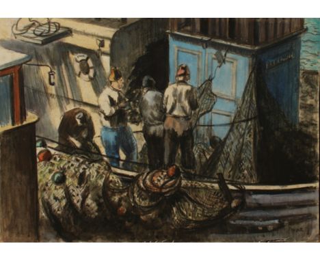 Marjorie MORT (1906-1989) Mending Nets Mixed media Signed 26 x 35.5cm