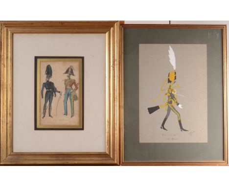 F GEORGE Wheres' My Gee? 14th Hussar Gouache on paper Signed and titled 35 x 24cm Together with a British Army uniform print