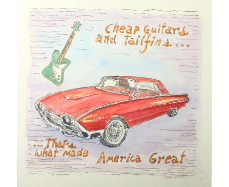 Ian DUNLOP (1945) Tailfins and Guitars Acrylic on paper Signed 25 x 26cm