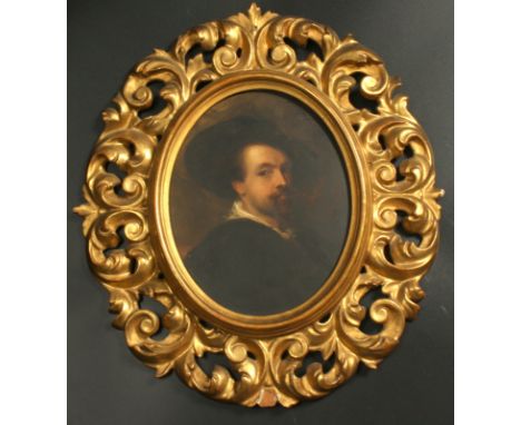 Follower of Sir Peter Paul RUBENS (1577-1640) Self portrait Oil on board Italian carved guilt frame 22 x 17cm