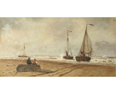 Thomas Bush HARDY (1842-1897)Sketch, Scheveningen Fishing BoatsWatercolourSigned, inscribed and dated 187424.5 x 47cm Conditi