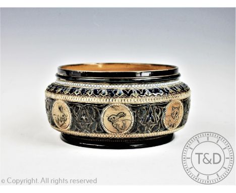 A Hannah Barlow for Doulton Lambeth bowl decorated with cats, dogs and rabbits, silver hallmarked rim dated 1880, impressed t