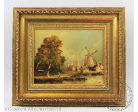 K Douglas, Pair of oils on canvas, Dutch river scenes, Signed, 19cm x 24cm, Framed, with a coal purdonium (3)