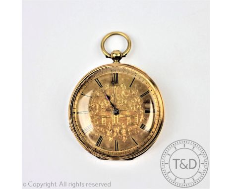 A yellow gold open face fob watch, the decorative gilt dial depicting birds on terraces, with black Roman numerals, with engi