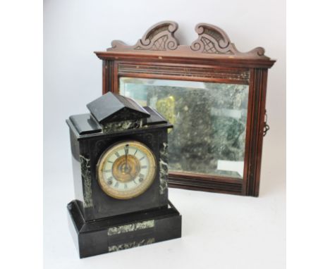 A late 19th century marble eight day mantel clock, with Roman numeral dial and movement striking on a gong, 32cm H, with a sm