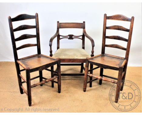 A pair of 19th century country oak ladder back chairs, with solid seats, on turned legs, 100cm H, with a Regency mahogany car