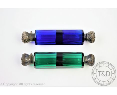 Two Victorian double ended, silver topped scent or salt bottles, in blue and green glass, each with hinged cap and screw top,