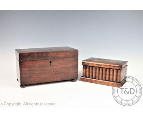A 19th century mahogany tea caddy, 17cm H x 13cm W x 15cm D, with a Sorrento inlaid 'puzzle' box, modelled as a stack of book