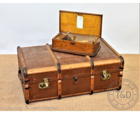 An Edwardian golden oak tool box, with internal label 'Oak tool chest No 3', 41cm long, with a wood bound canvas travelling t