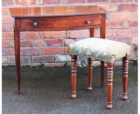 A late George III mahogany bow front side table, on tapered legs, 70cm H x 83.5cm W x 46cm D, with a Victorian mahogany stool