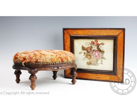 A 19th century tapestry picture of flowers, in maple frame, 30cm x 35cm, a Victorian oval stool, (2)