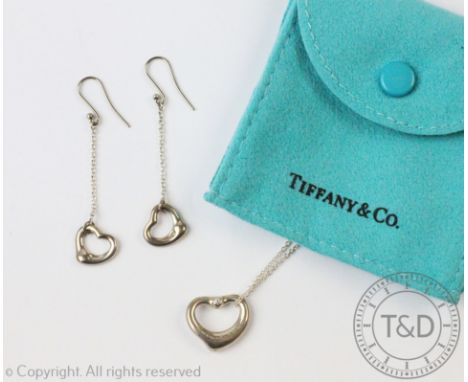 An Elsa Peretti for Tiffany & Co diamond set, sterling silver open heart pendant, attached fine chain and matching drop earri