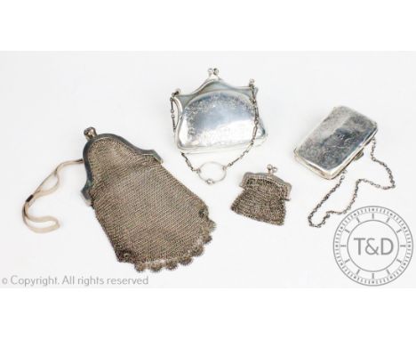 Two Edwardian silver chatelaine purses, Birmingham 1906 and Chester 1902, both with attached chain and engraved with floral d
