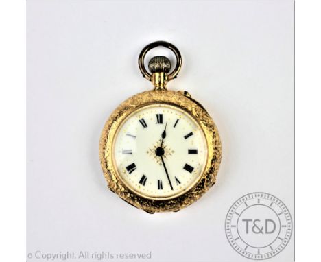 A ladies 18k gold fob watch, the white enamel dial with black Roman numerals and gilt highlights, within decorative gold case