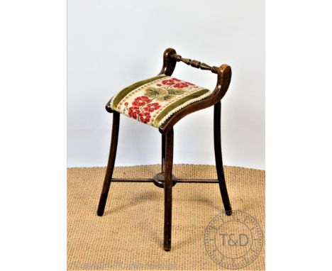 A late 19th century stained beech harpists chair / music stool, with tapestry seat, on splayed legs, 63cm H (As found) CONDIT