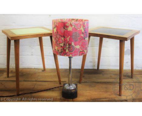 A pair of late 1950's early 1960's beech side tables, with inset painted glass tops, on tapered legs, 39cm H x 33cm W, with a