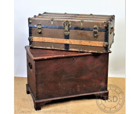 A wood, metal and canvas mounted travelling trunk, 33cm H x 87cm W x 51cm D, with a larger stained pine blanket box (2)