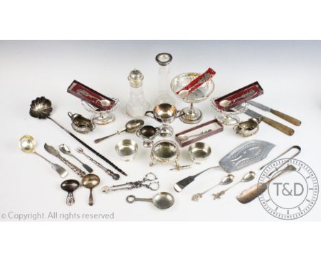 A collection of silver and silver plated items to include a silver topper sugar sifter, 15cm high, a silver mounted hat pin j