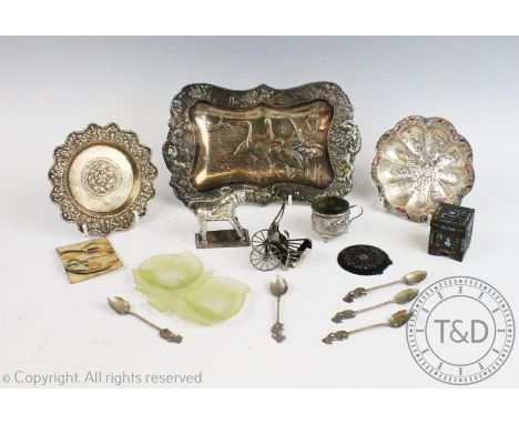 A selection of objects of virtue to include a continental silver tray, stamped '950' of circular lobed form with enamelled de