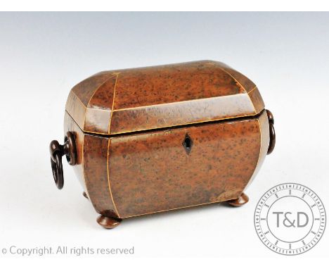 A 19th century yew wood tea caddy, with loop handles, on turned feet, 15.5cm H x 24cm W x 13cm D. By repute made by John Bark